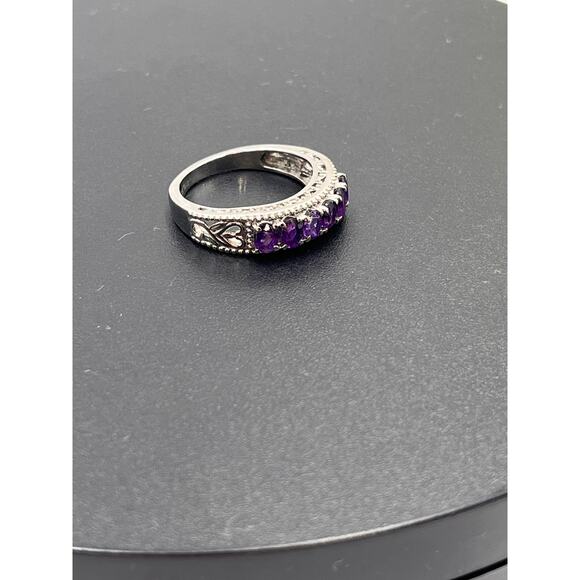 Amethyst Faceted Oval Sterling Stainless Steel Open Heart Flank Ring Sz 7.5 - Picture 5 of 8